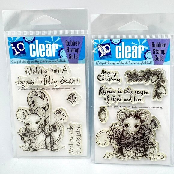 Impression Obsession Holiday Clear Rubber Stamps Set Of 2 Festive Mouse Designs - Picture 1 of 6